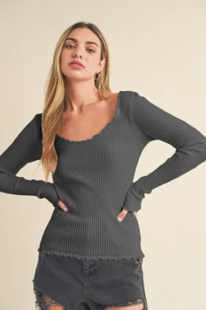 Hazel Blues® |  Aemi   Co Lettuce Hem Scoop Neck Long Sleeve Knit Top