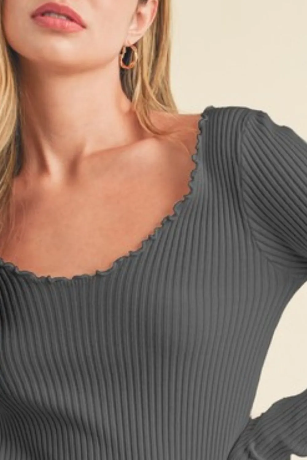 Hazel Blues® |  Aemi   Co Lettuce Hem Scoop Neck Long Sleeve Knit Top