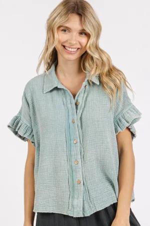 Hazel Blues® |  Mittoshop Mineral Washed Button Down Flounce Sleeve Shirt