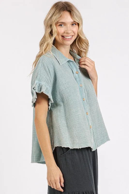 Hazel Blues® |  Mittoshop Mineral Washed Button Down Flounce Sleeve Shirt