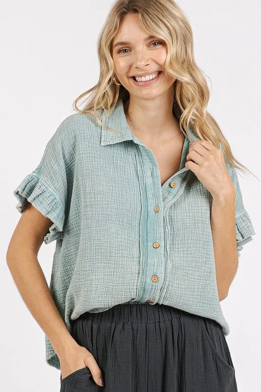 Hazel Blues® |  Mittoshop Mineral Washed Button Down Flounce Sleeve Shirt