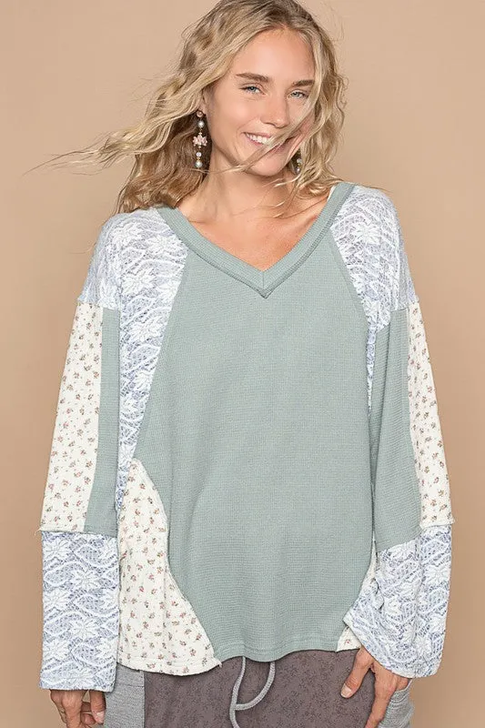 Hazel Blues® |  POL Lace Floral Round Neck Knit Top