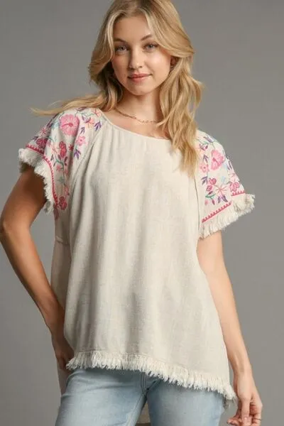 Hazel Blues® | Umgee Linen Round Neck High Low Hem Frayed Top