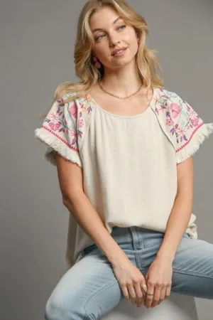 Hazel Blues® | Umgee Linen Round Neck High Low Hem Frayed Top