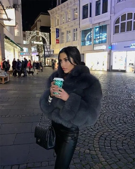 High Luxury Faux Fox Fur Jacket Women Fluffy Turn Down Fur Collar Thick Warm Faux Fur Coat Plus Size Winter Clothes