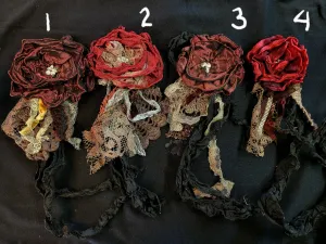 Holiday Red Vintage-Inspired Handcrafted Fabric Flowers Brooch/Necklace