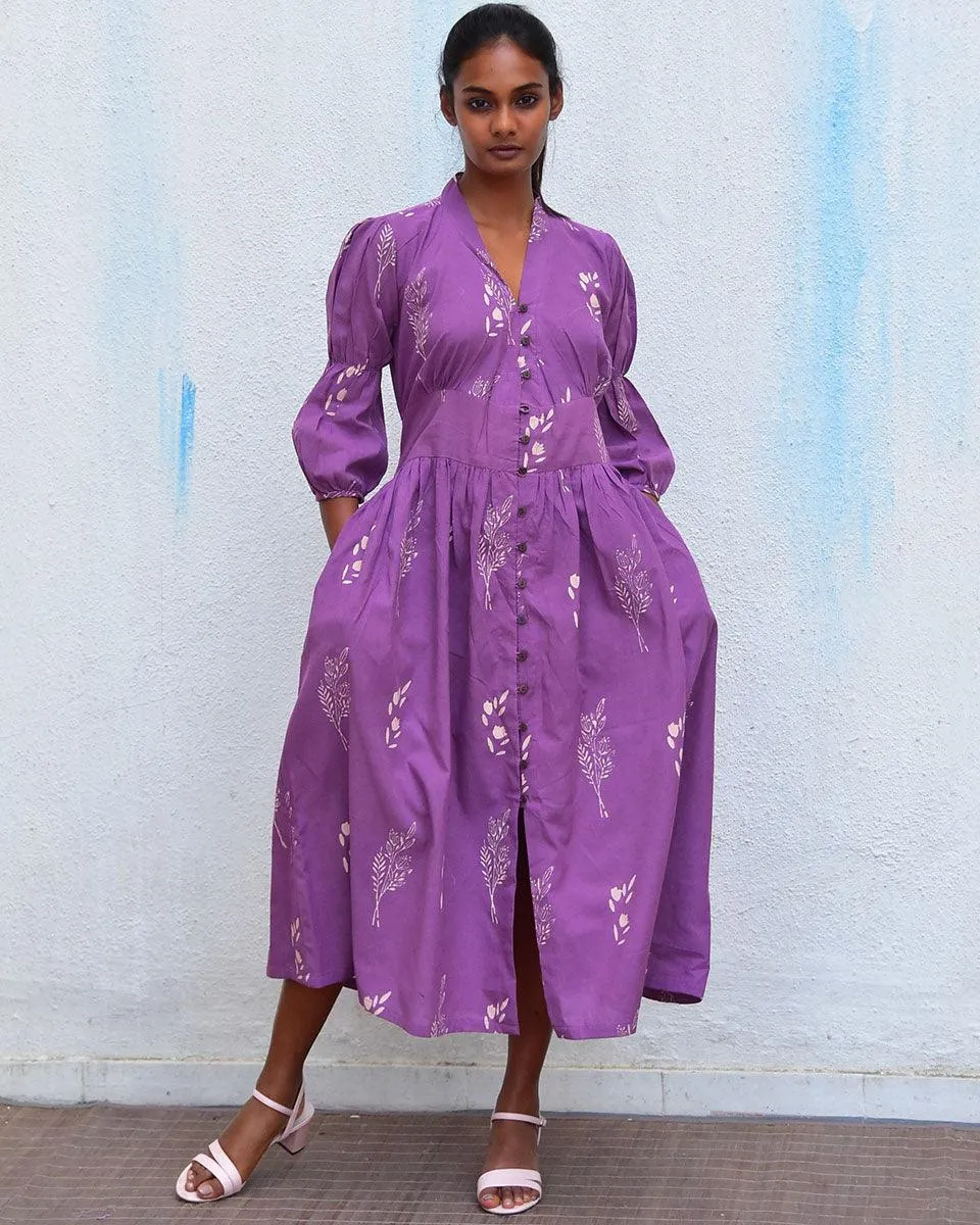 Humming bird Melody Purple Handblockprinted Cotton Dress - Hmbd