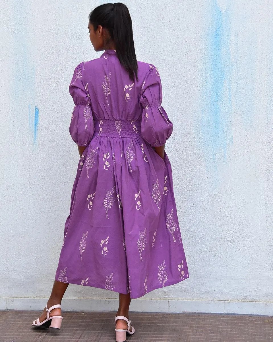 Humming bird Melody Purple Handblockprinted Cotton Dress - Hmbd