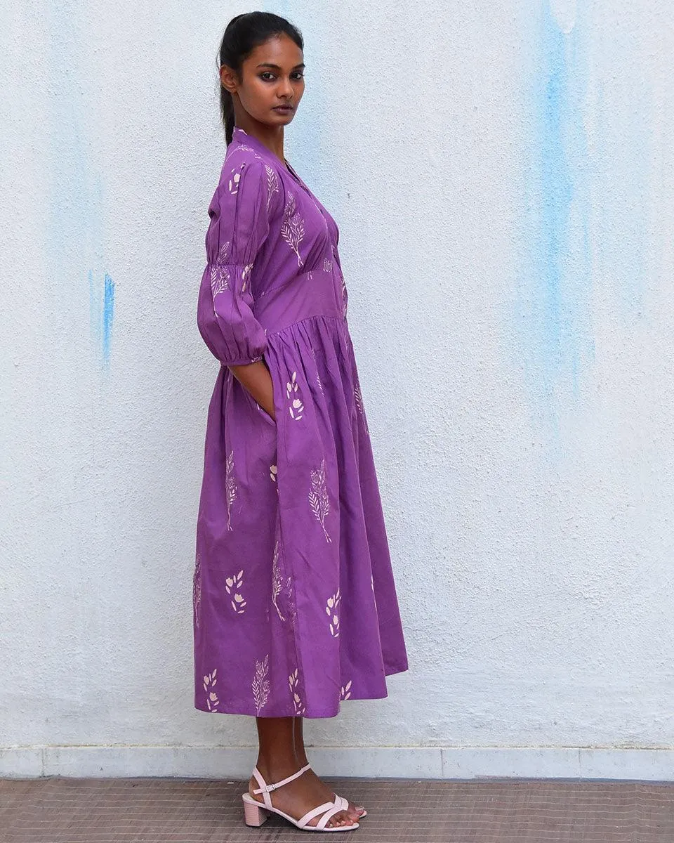 Humming bird Melody Purple Handblockprinted Cotton Dress - Hmbd