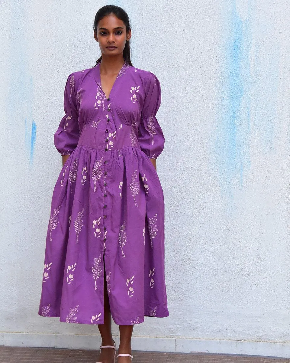 Humming bird Melody Purple Handblockprinted Cotton Dress - Hmbd