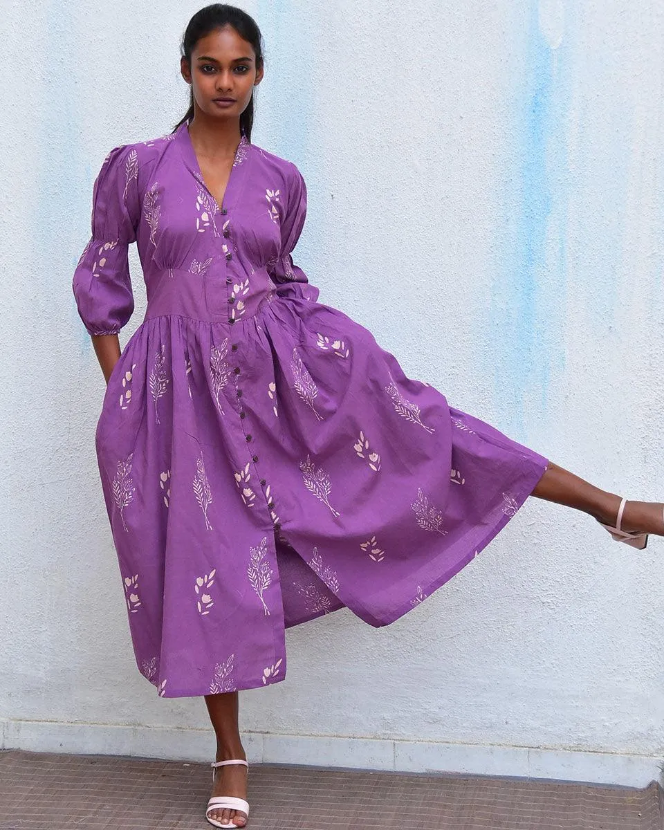 Humming bird Melody Purple Handblockprinted Cotton Dress - Hmbd