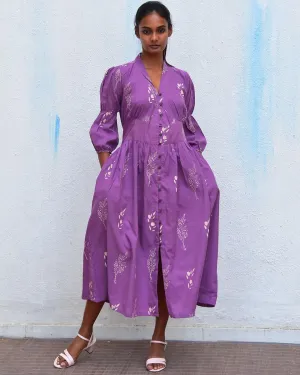 Humming bird Melody Purple Handblockprinted Cotton Dress - Hmbd