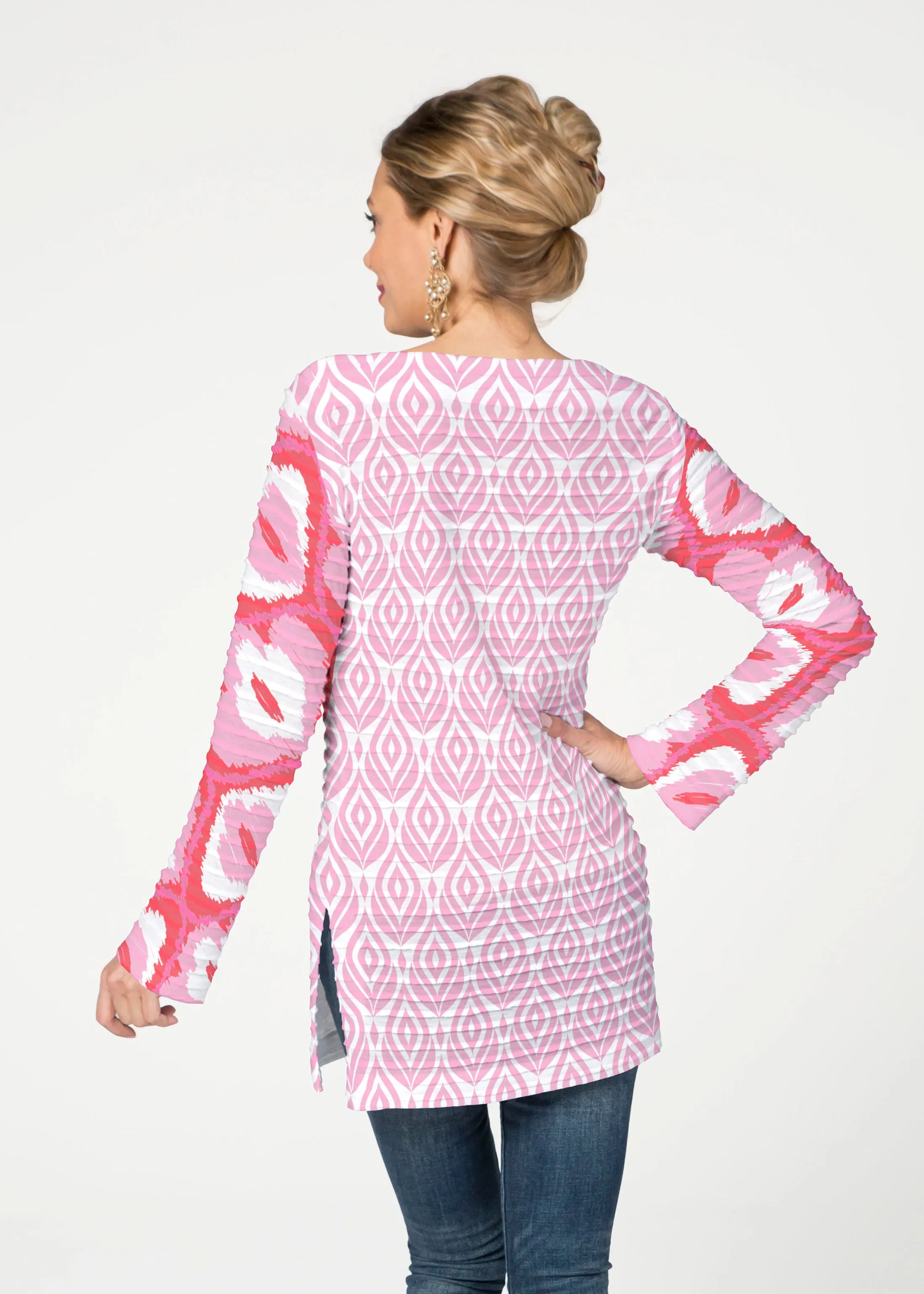 Ikat Buds Red/Pink (8096) ~ Banded Boatneck Tunic