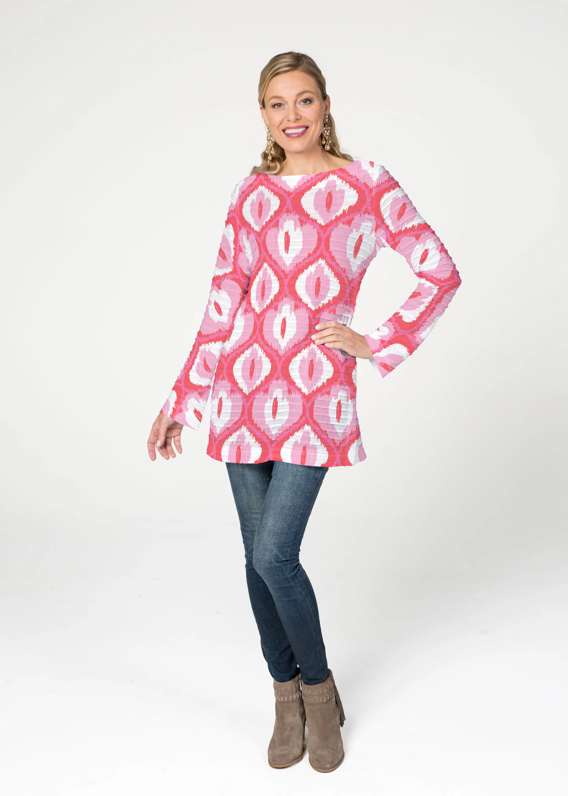 Ikat Buds Red/Pink (8096) ~ Banded Boatneck Tunic