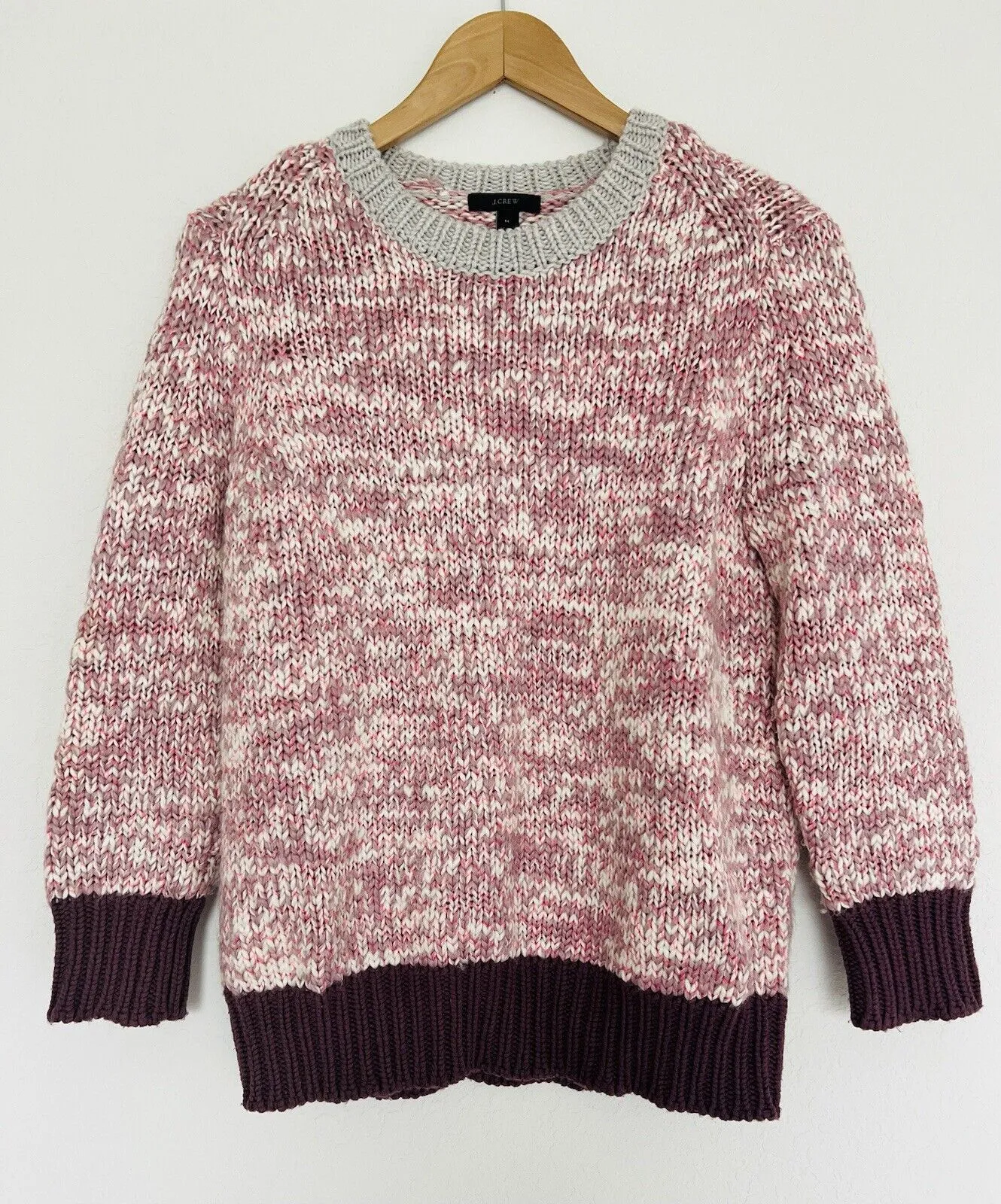 J. CREW Wool Blend Sweater Sz M Crewneck Pink 3/4 Sleeves