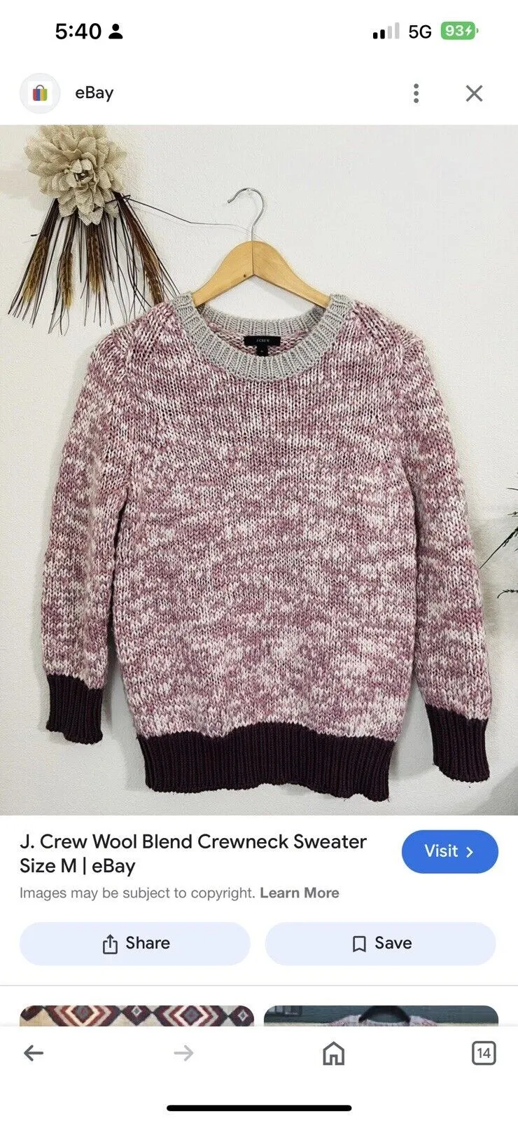 J. CREW Wool Blend Sweater Sz M Crewneck Pink 3/4 Sleeves