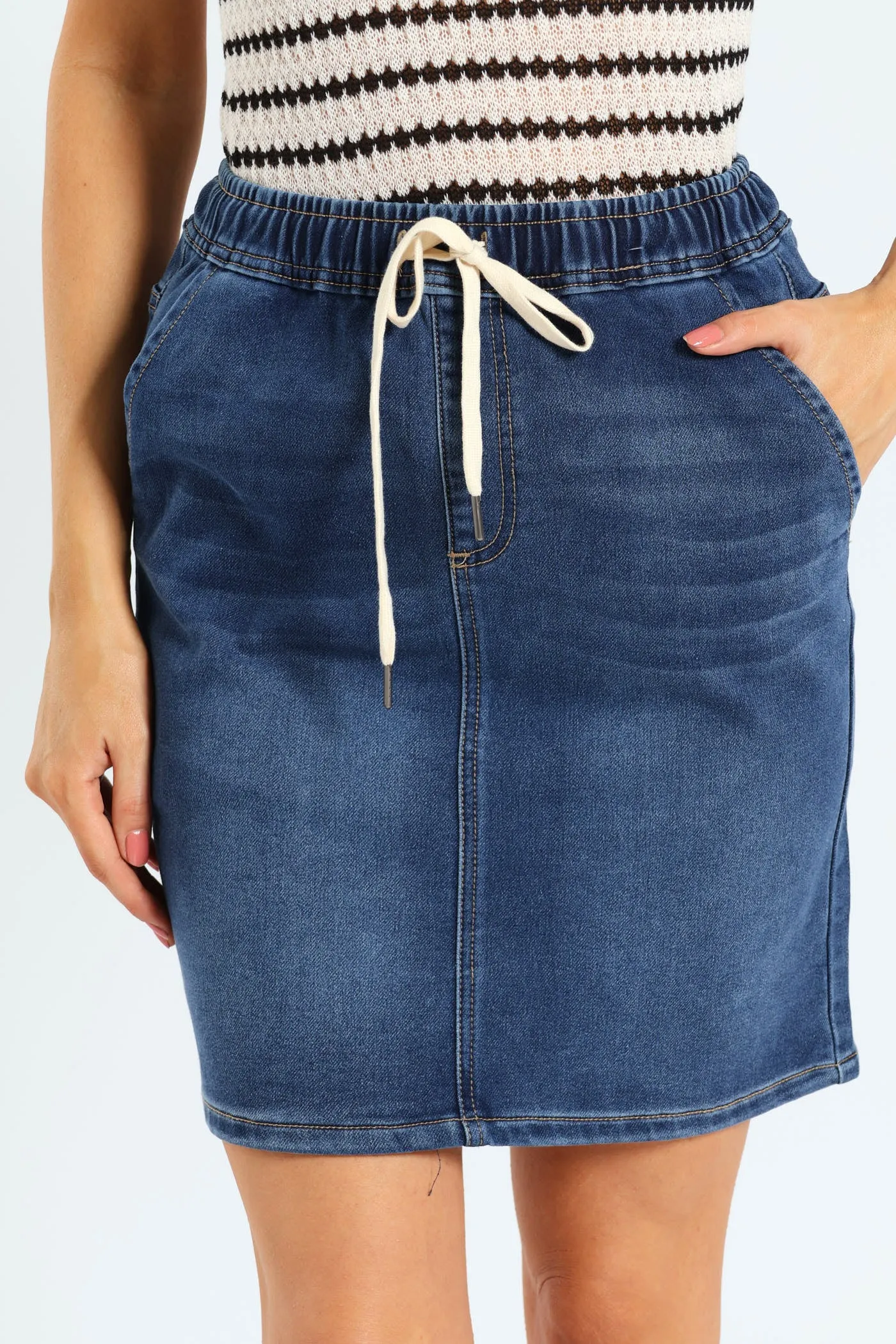Jogger Detail Knit Denim Mini Skirt - Med Wash