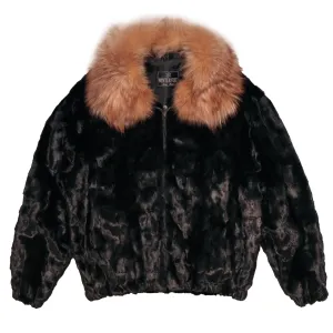 Kashani Black Mink Bomber Jacket with Red Fox Collar