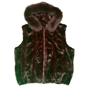 Kashani Men's Burgundy Full Mink Fur Vest w/ Detachable Fox Collar