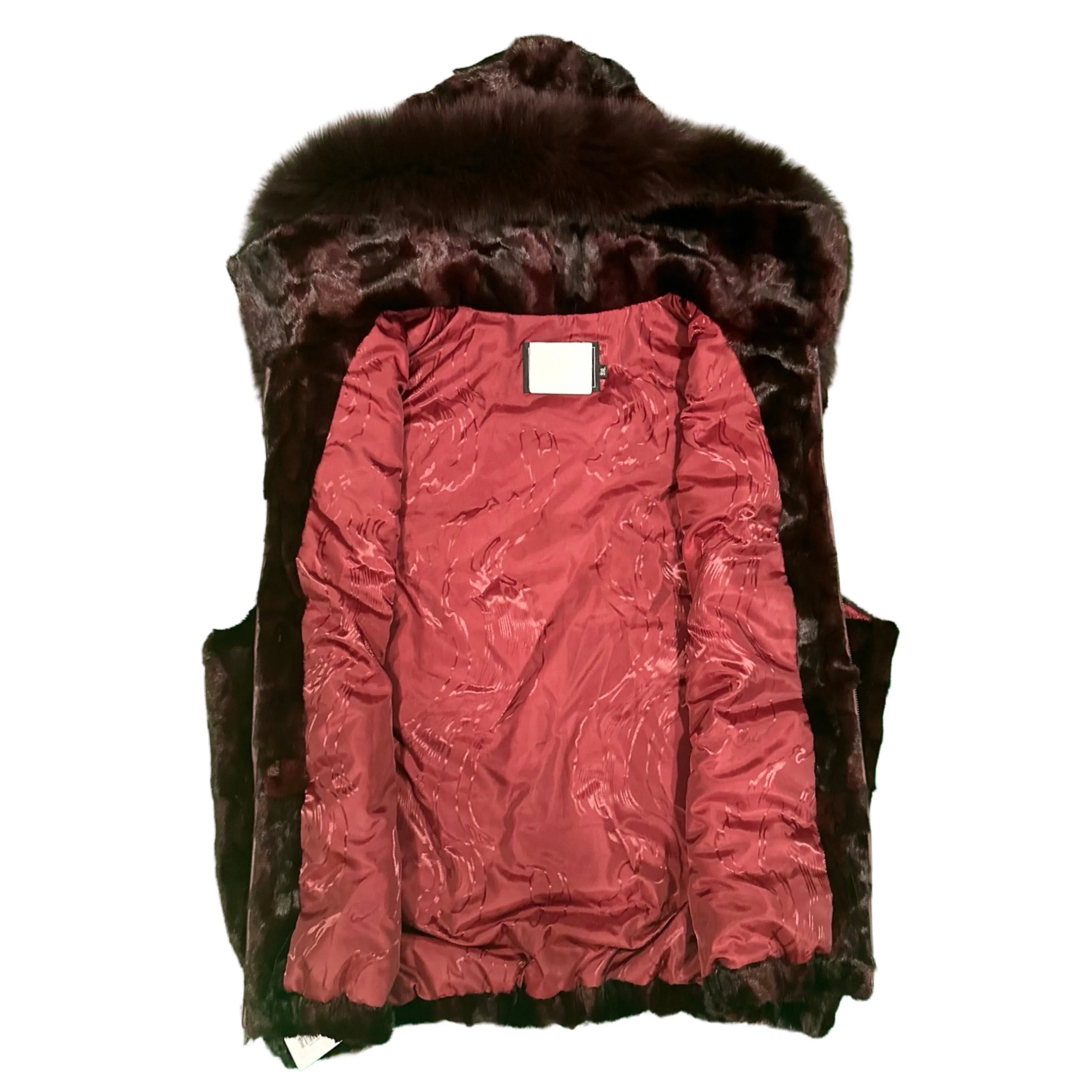 Kashani Men's Burgundy Full Mink Fur Vest w/ Detachable Fox Collar