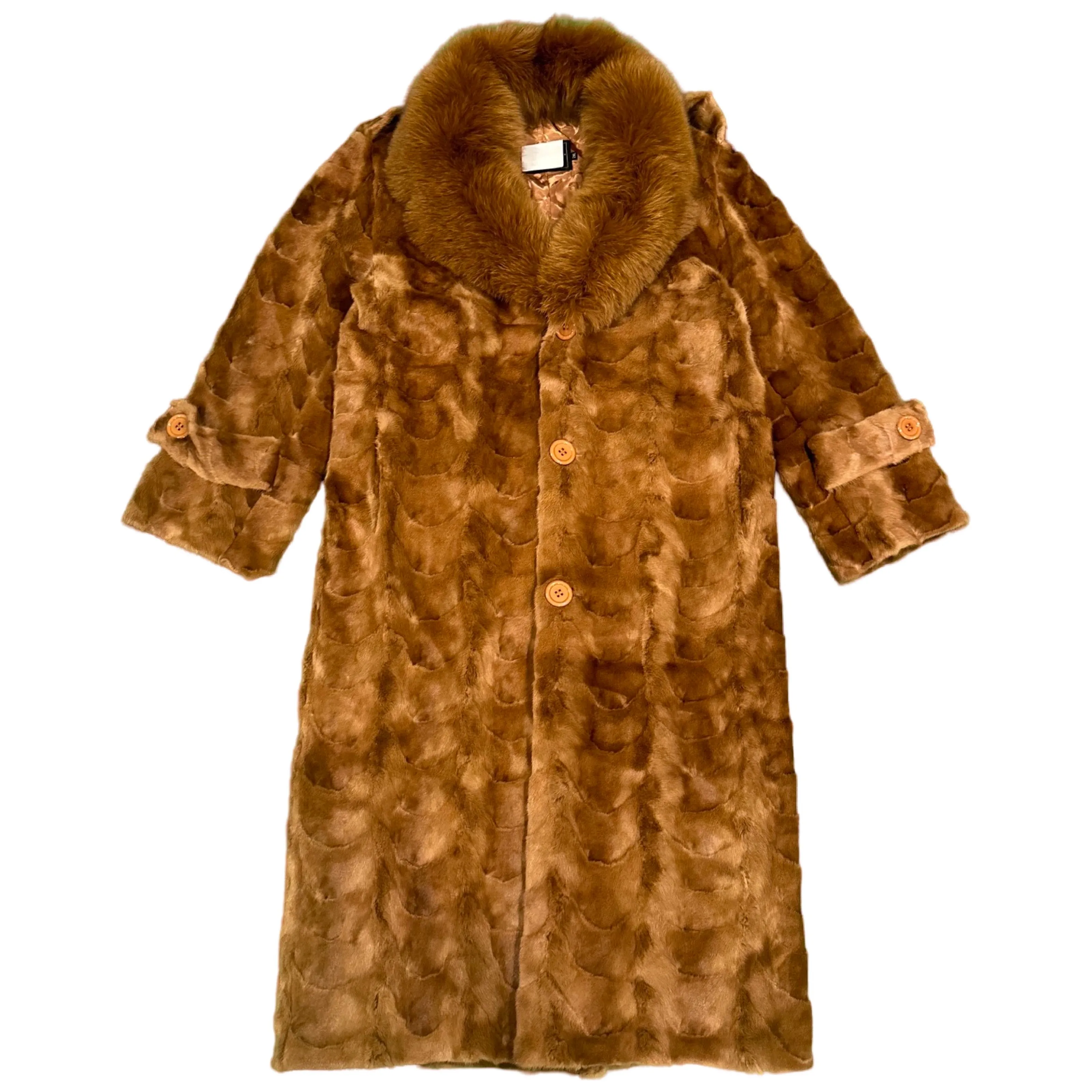 Kashani Men's Whiskey Full Mink Fur Trench Coat w/ Fox Collar