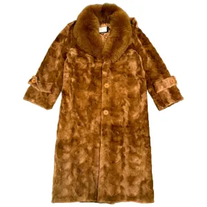 Kashani Men's Whiskey Full Mink Fur Trench Coat w/ Fox Collar