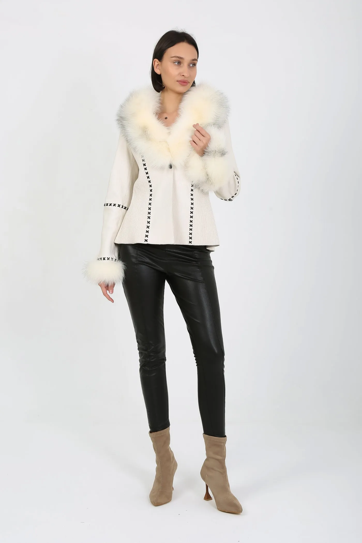 Kashani White Leather Jacket with Fox Fur Collar & Cuffs