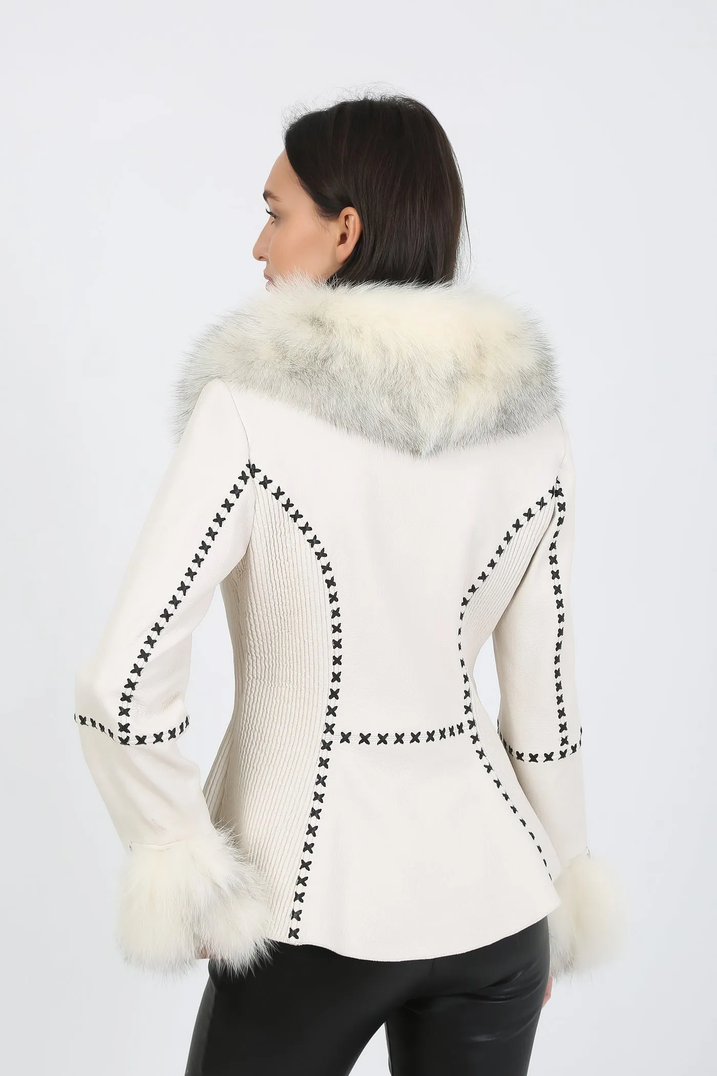 Kashani White Leather Jacket with Fox Fur Collar & Cuffs