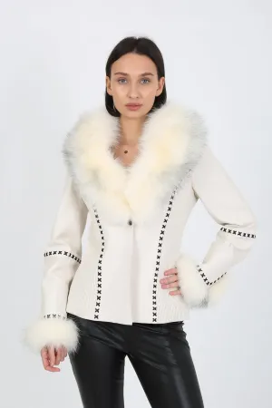 Kashani White Leather Jacket with Fox Fur Collar & Cuffs