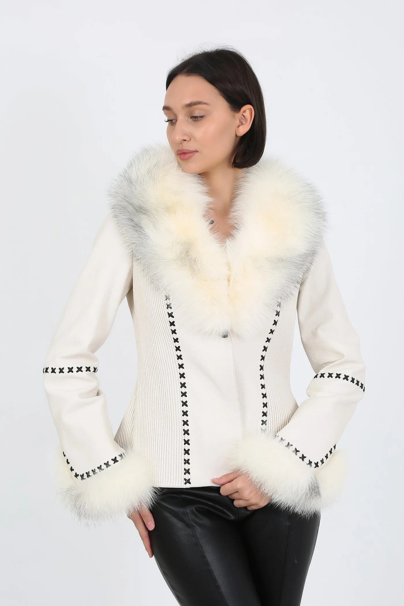Kashani White Leather Jacket with Fox Fur Collar & Cuffs