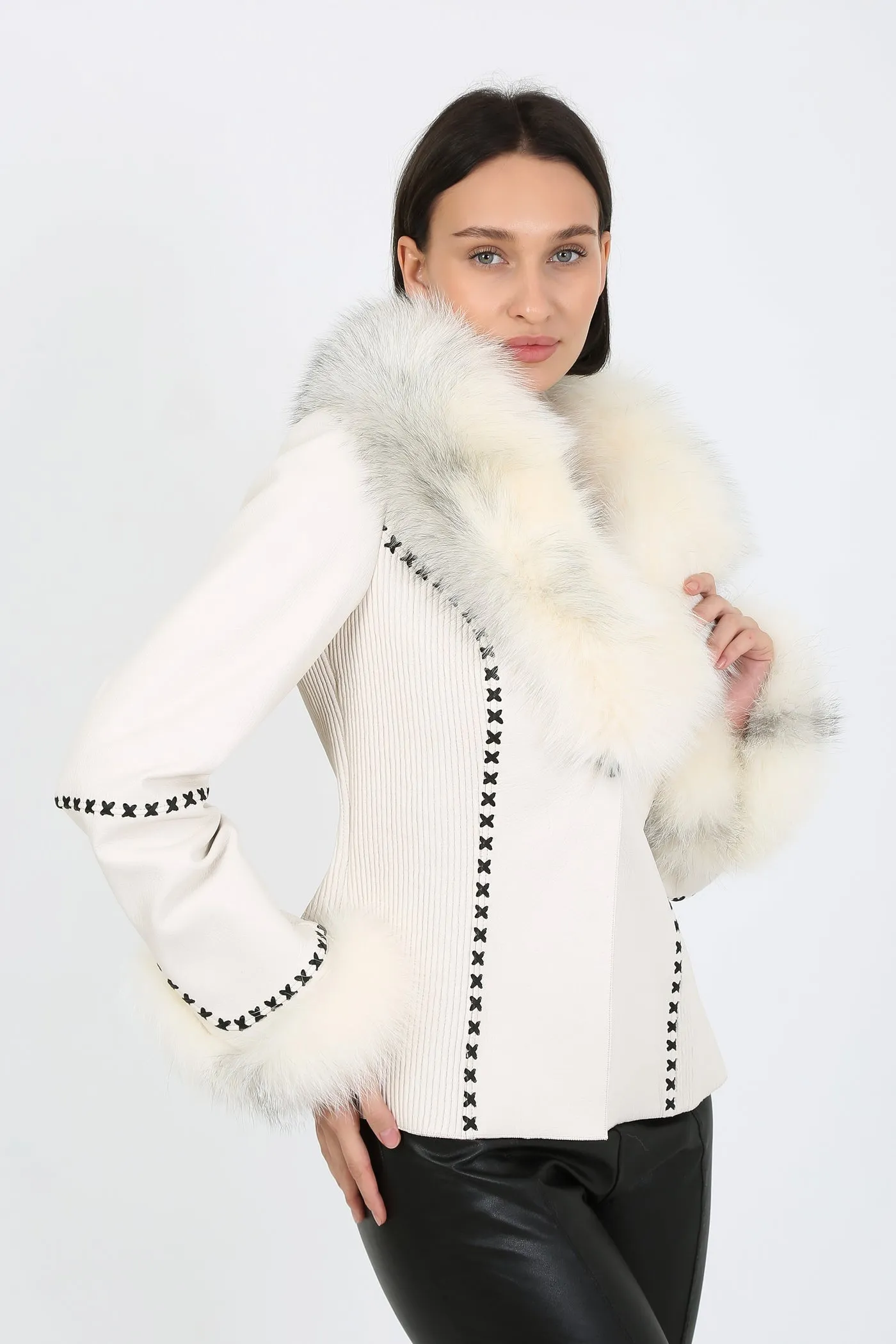 Kashani White Leather Jacket with Fox Fur Collar & Cuffs