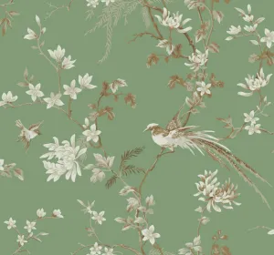 KT2175 Bird And Blossom Chinoserie Wallpaper-Green