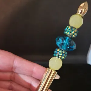 Kyla - Teal Blue, Pastel Yellow, & Gold Jeweled Ink Pen
