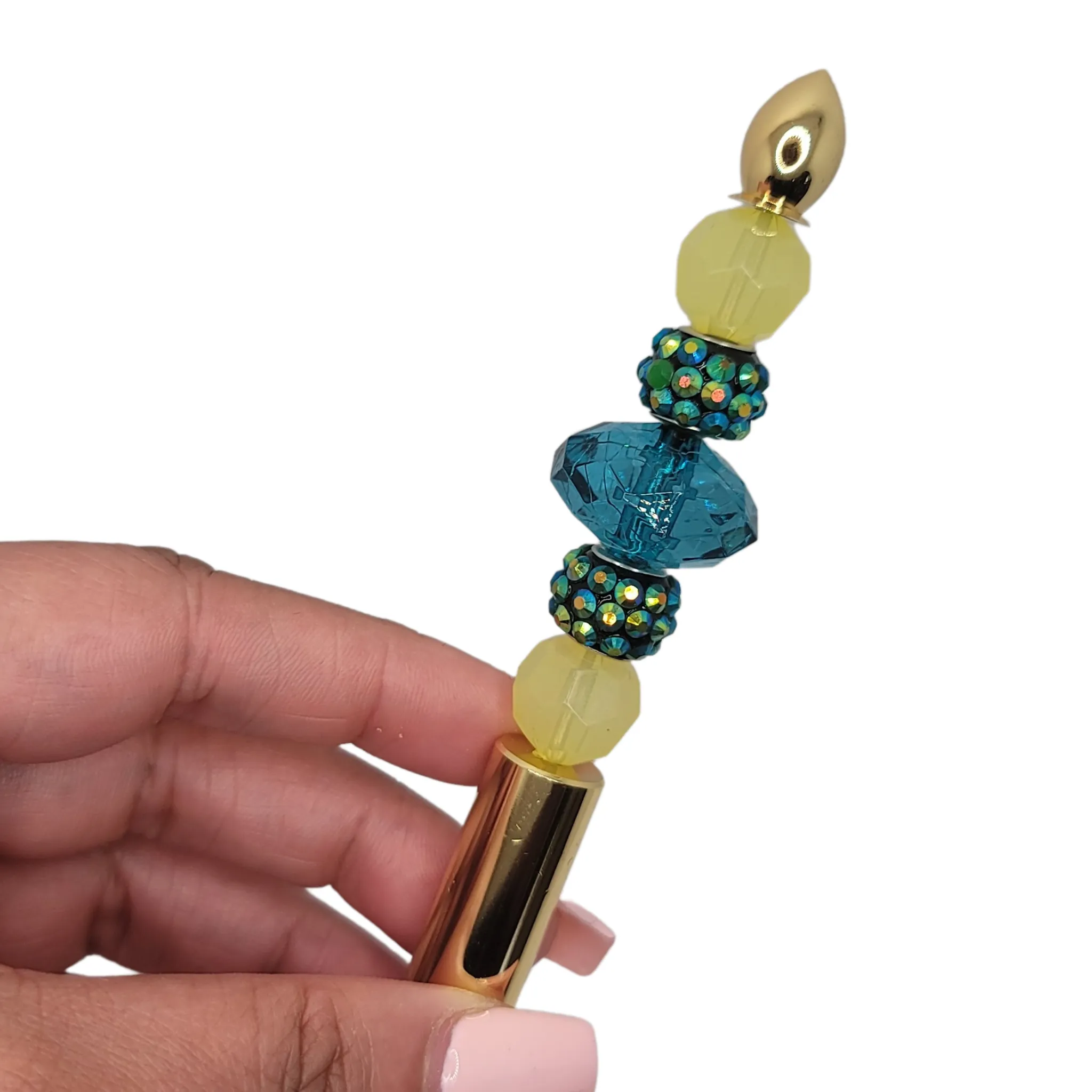 Kyla - Teal Blue, Pastel Yellow, & Gold Jeweled Ink Pen