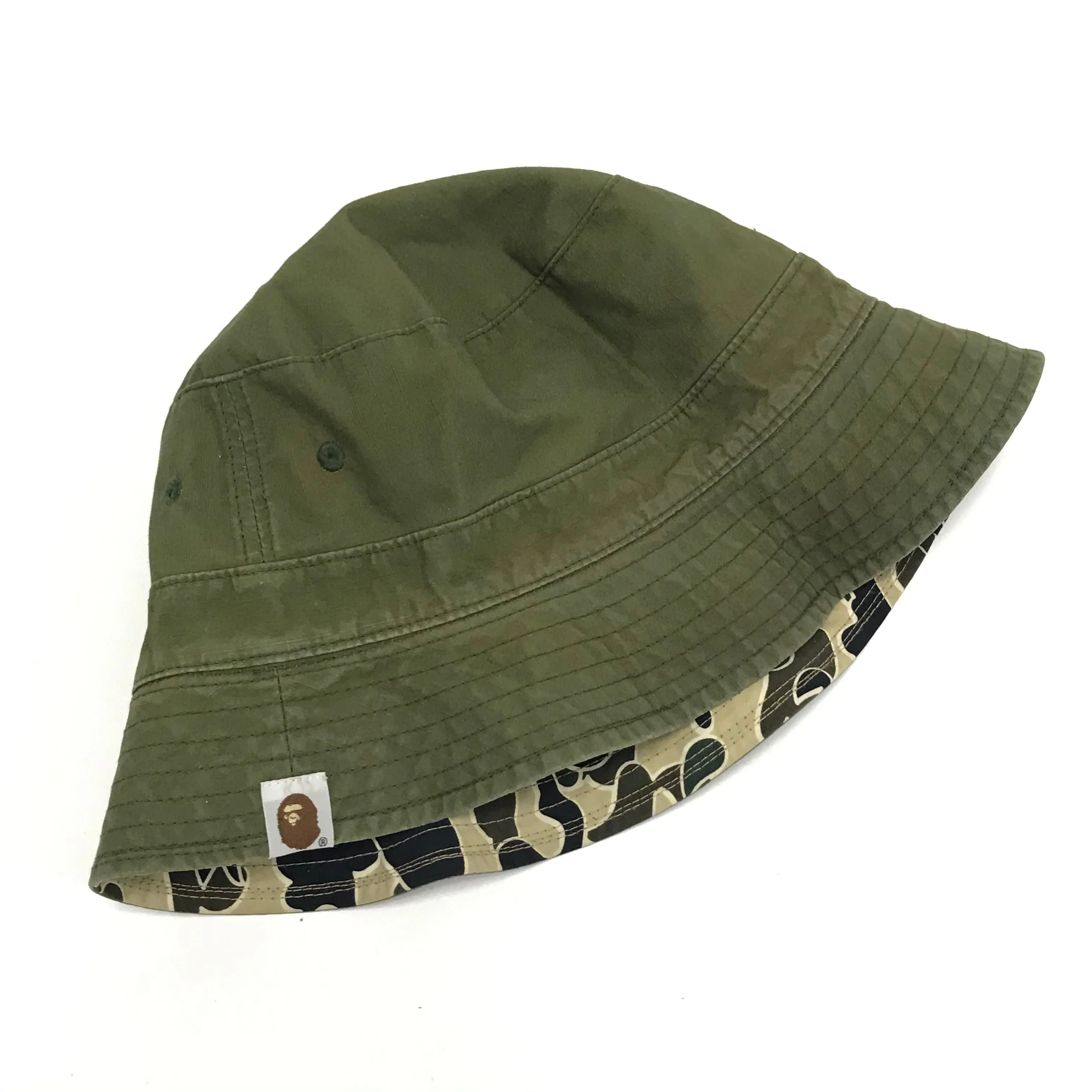 [L] A Bathing Ape Bape Vintage Sta Psyche Camo Reversible Bucket Hat Olive