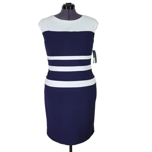 Lauren Ralph Lauren Dress Size 16 Navy Blue White Striped Sleeveless Lined New