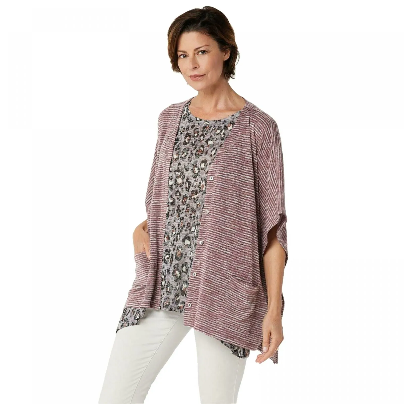 LOGO by Lori Goldstein Women's Plus Size Striated Sweater Shrug & Tank Twinset