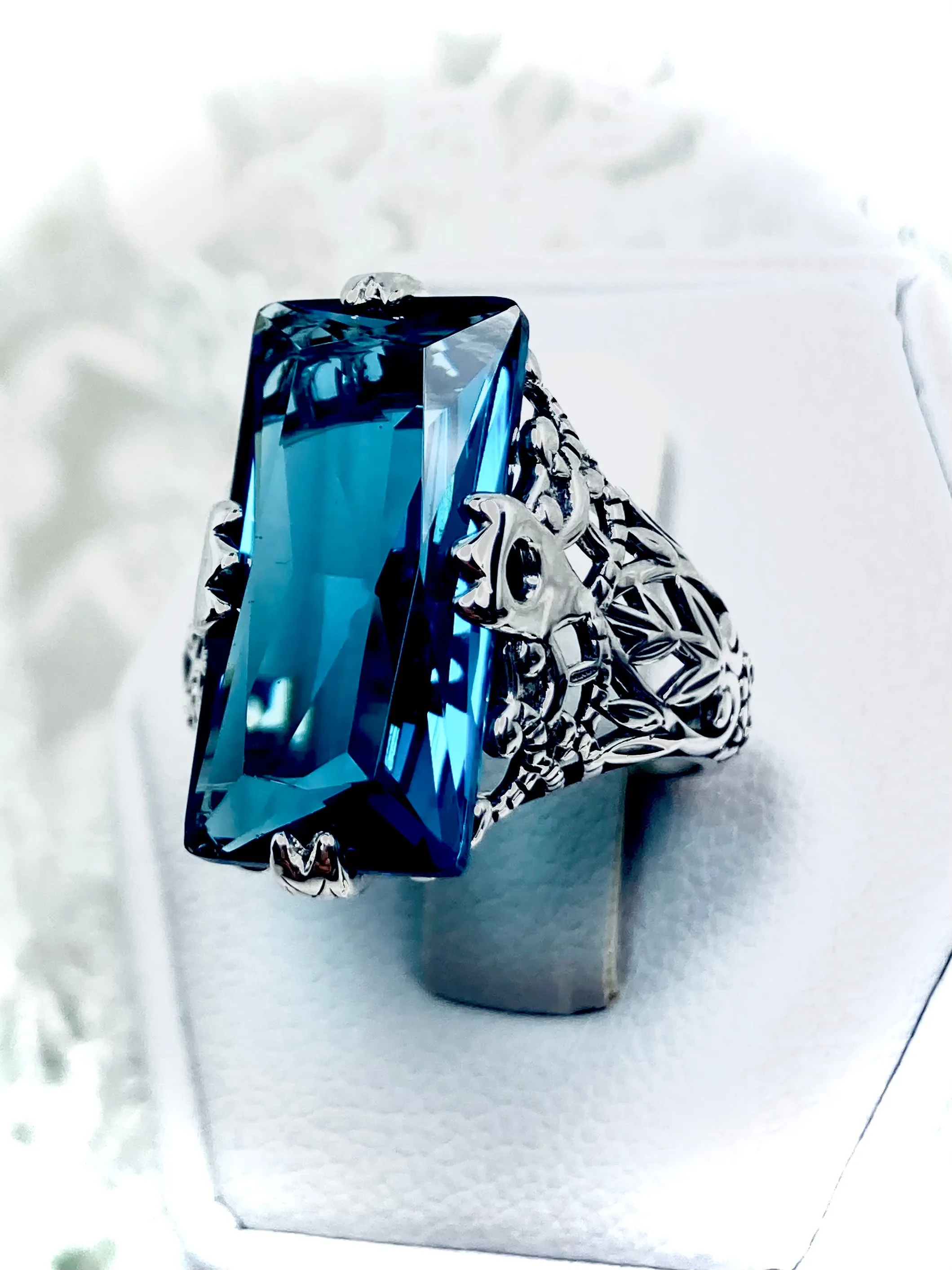 London Blue Topaz Ring, Baguette Intaglio design, Victorian Jewelry #D31