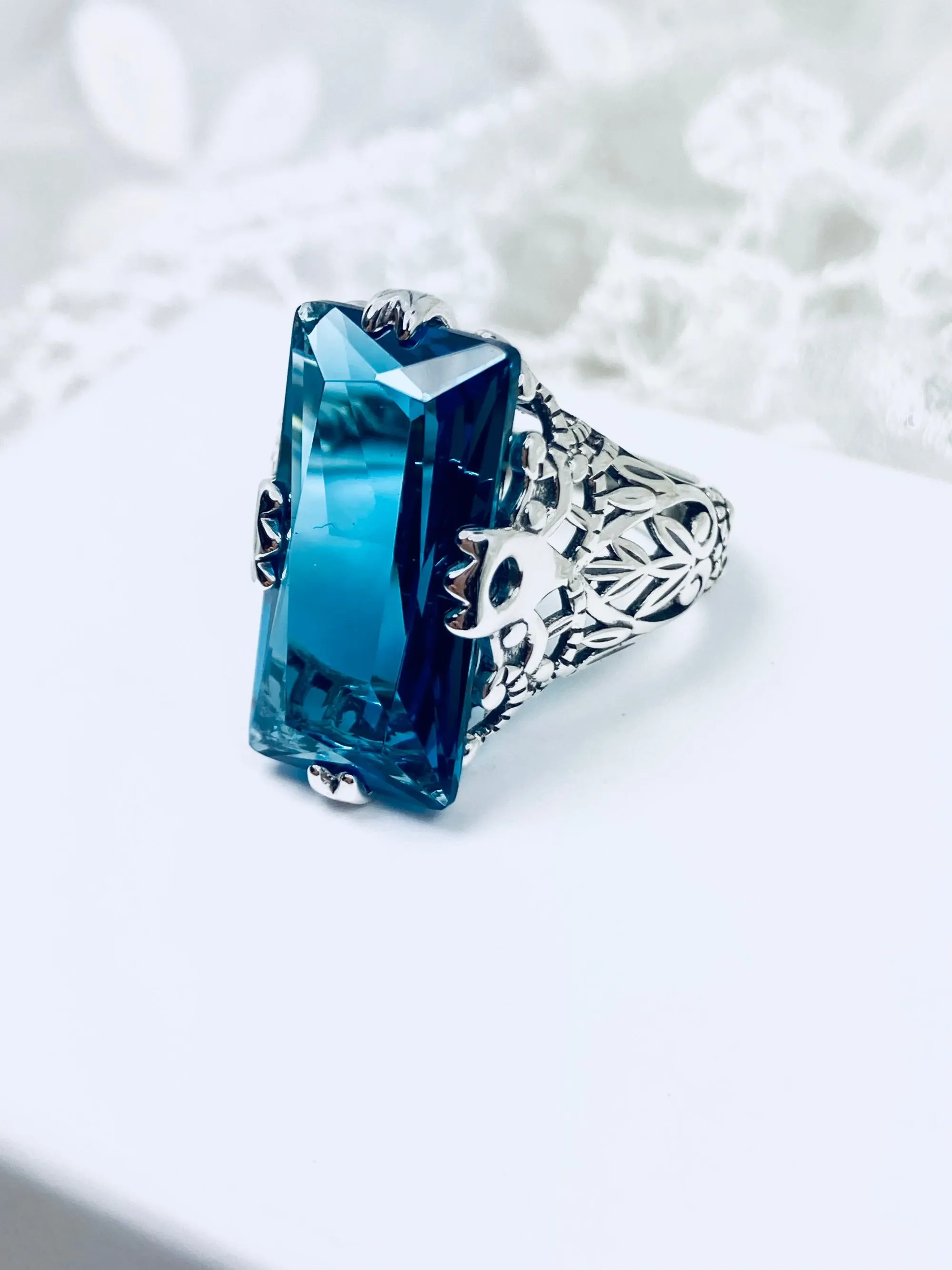 London Blue Topaz Ring, Baguette Intaglio design, Victorian Jewelry #D31
