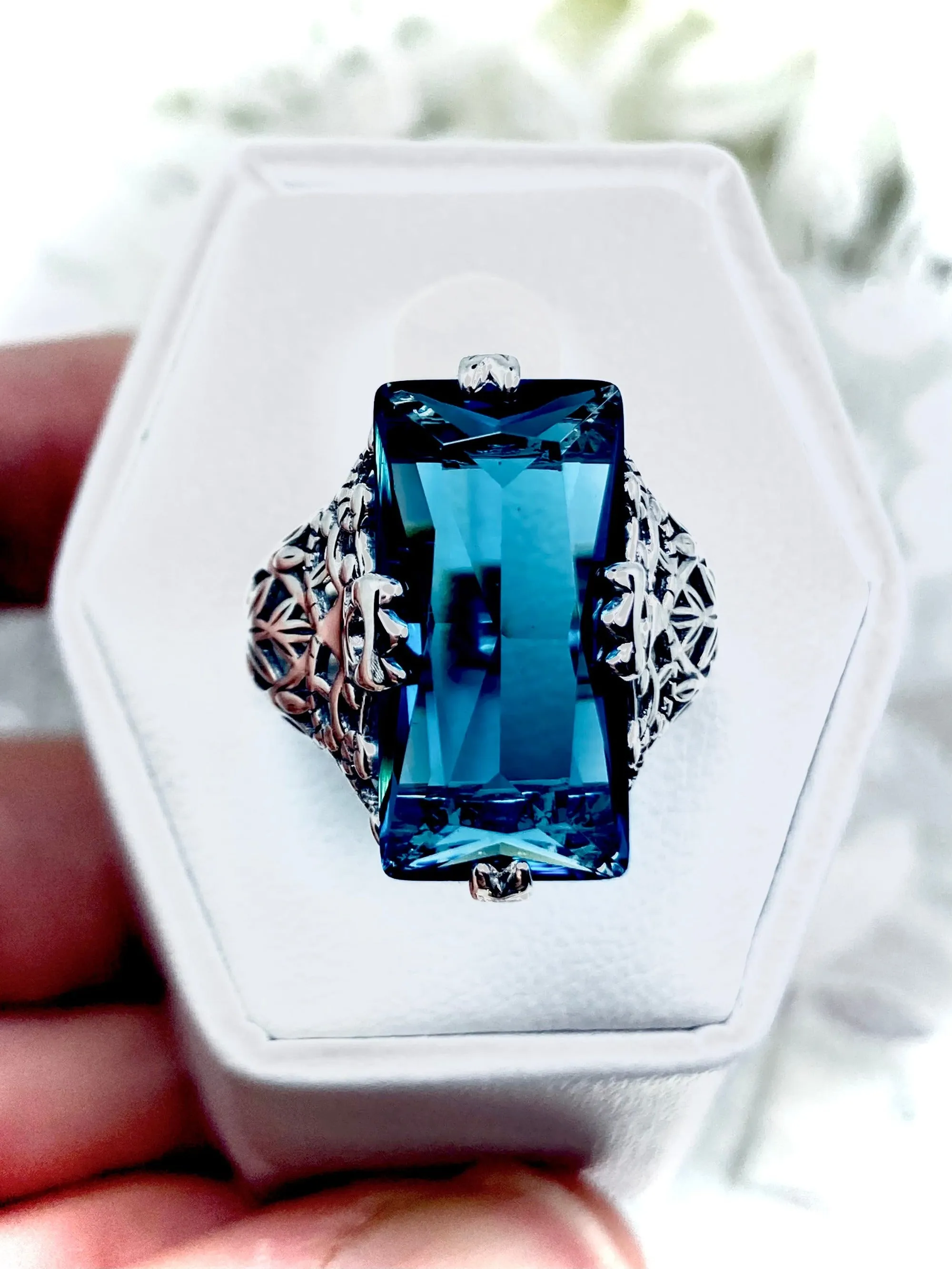 London Blue Topaz Ring, Baguette Intaglio design, Victorian Jewelry #D31