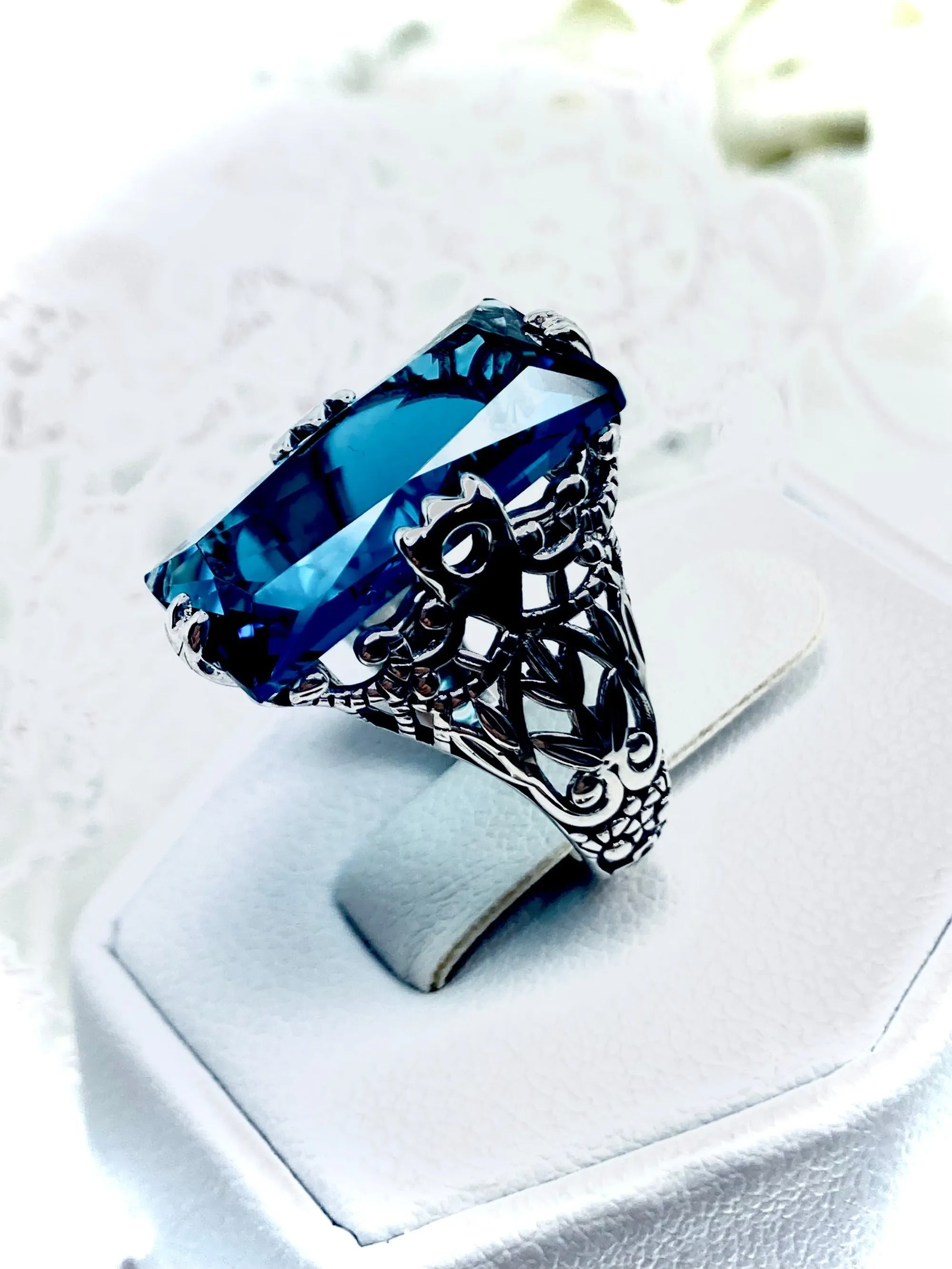 London Blue Topaz Ring, Baguette Intaglio design, Victorian Jewelry #D31