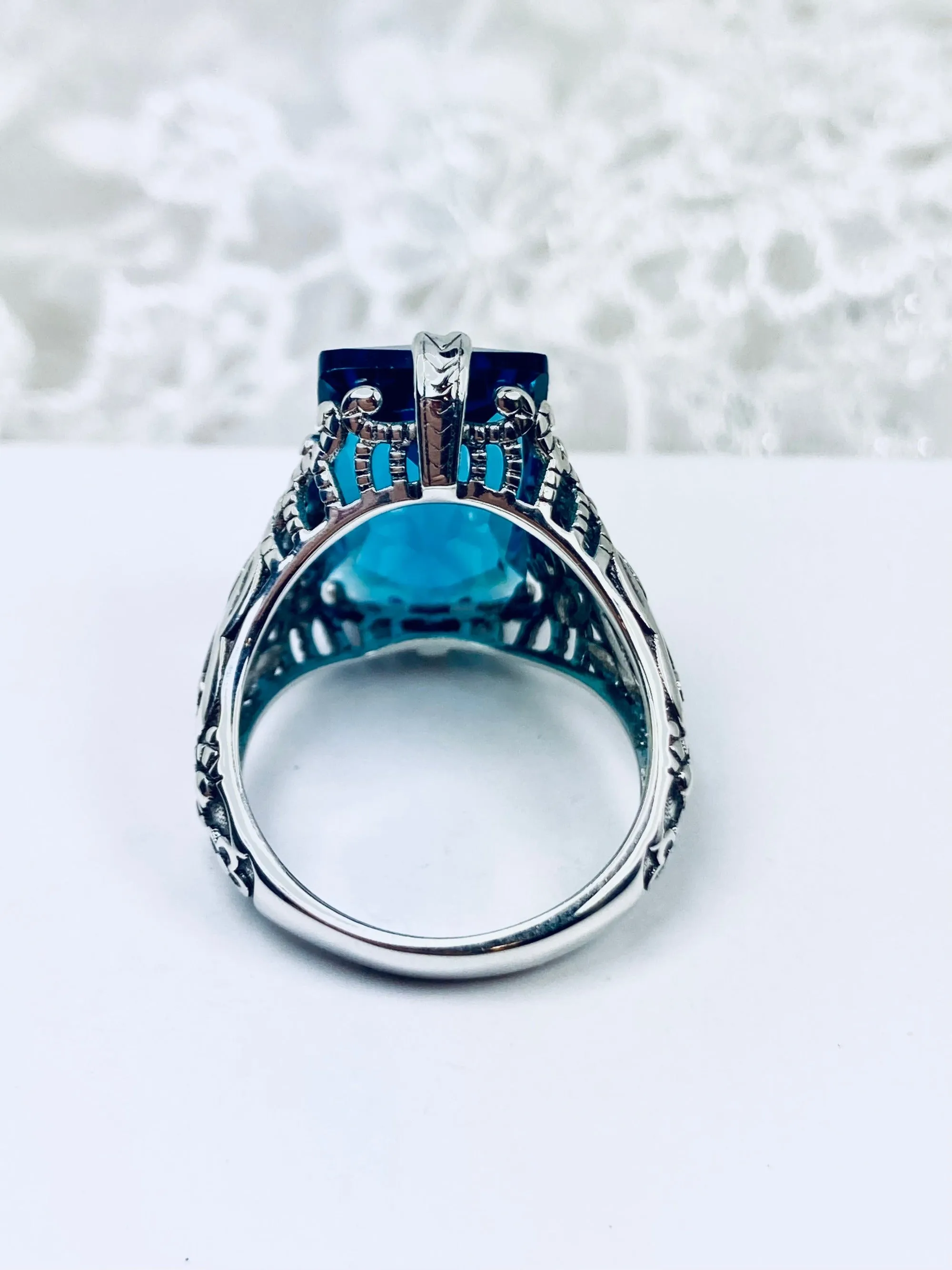 London Blue Topaz Ring, Baguette Intaglio design, Victorian Jewelry #D31