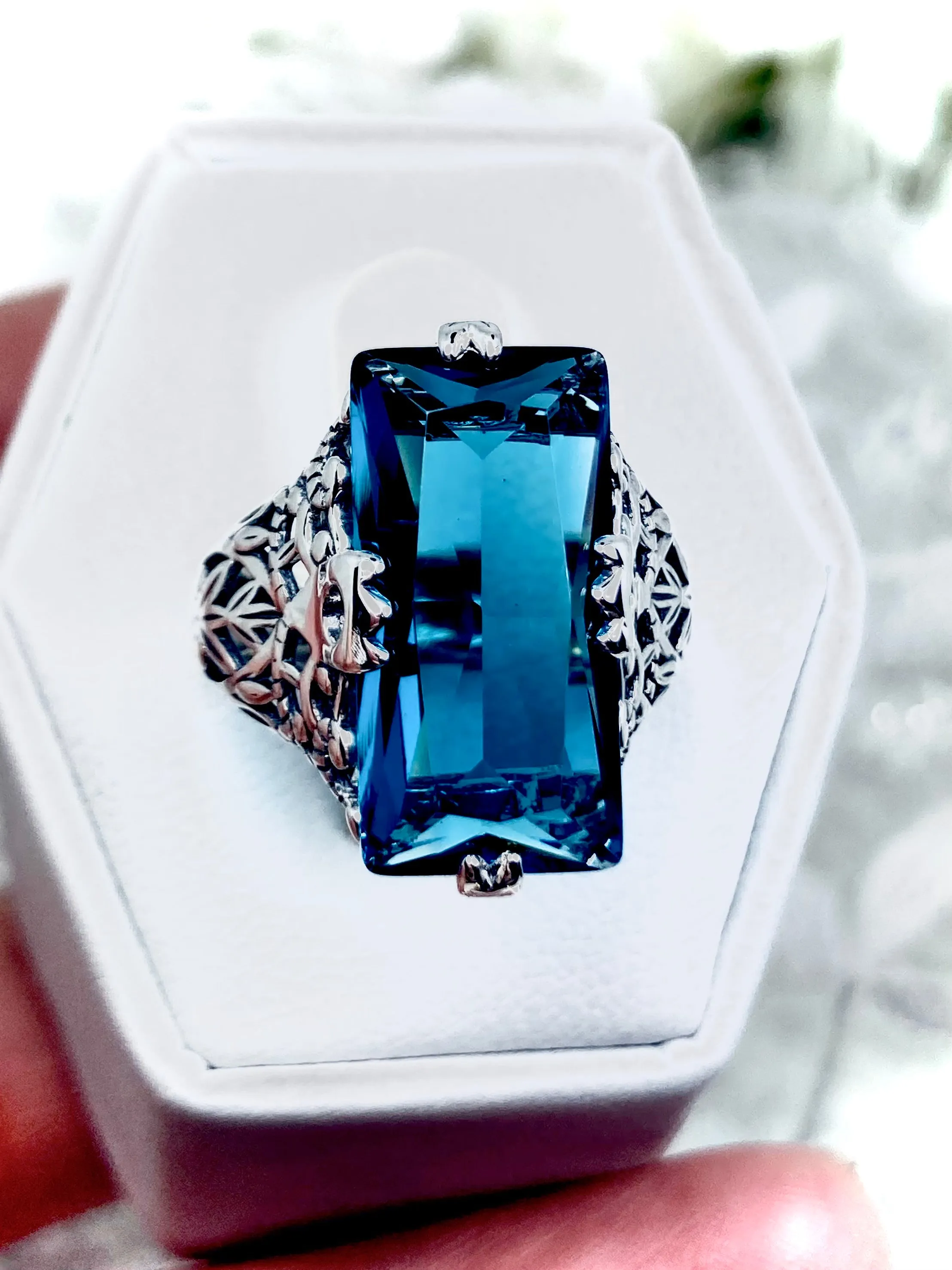 London Blue Topaz Ring, Baguette Intaglio design, Victorian Jewelry #D31