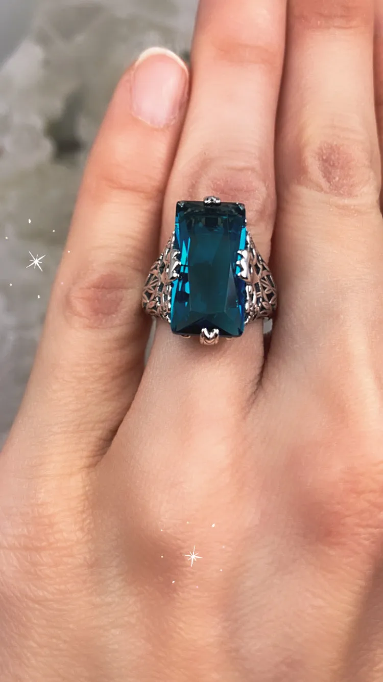 London Blue Topaz Ring, Baguette Intaglio design, Victorian Jewelry #D31