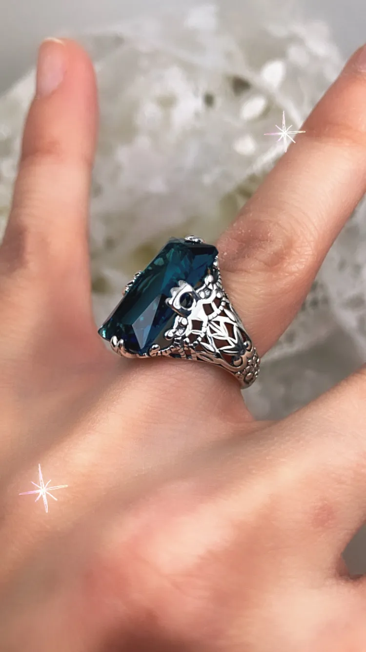 London Blue Topaz Ring, Baguette Intaglio design, Victorian Jewelry #D31