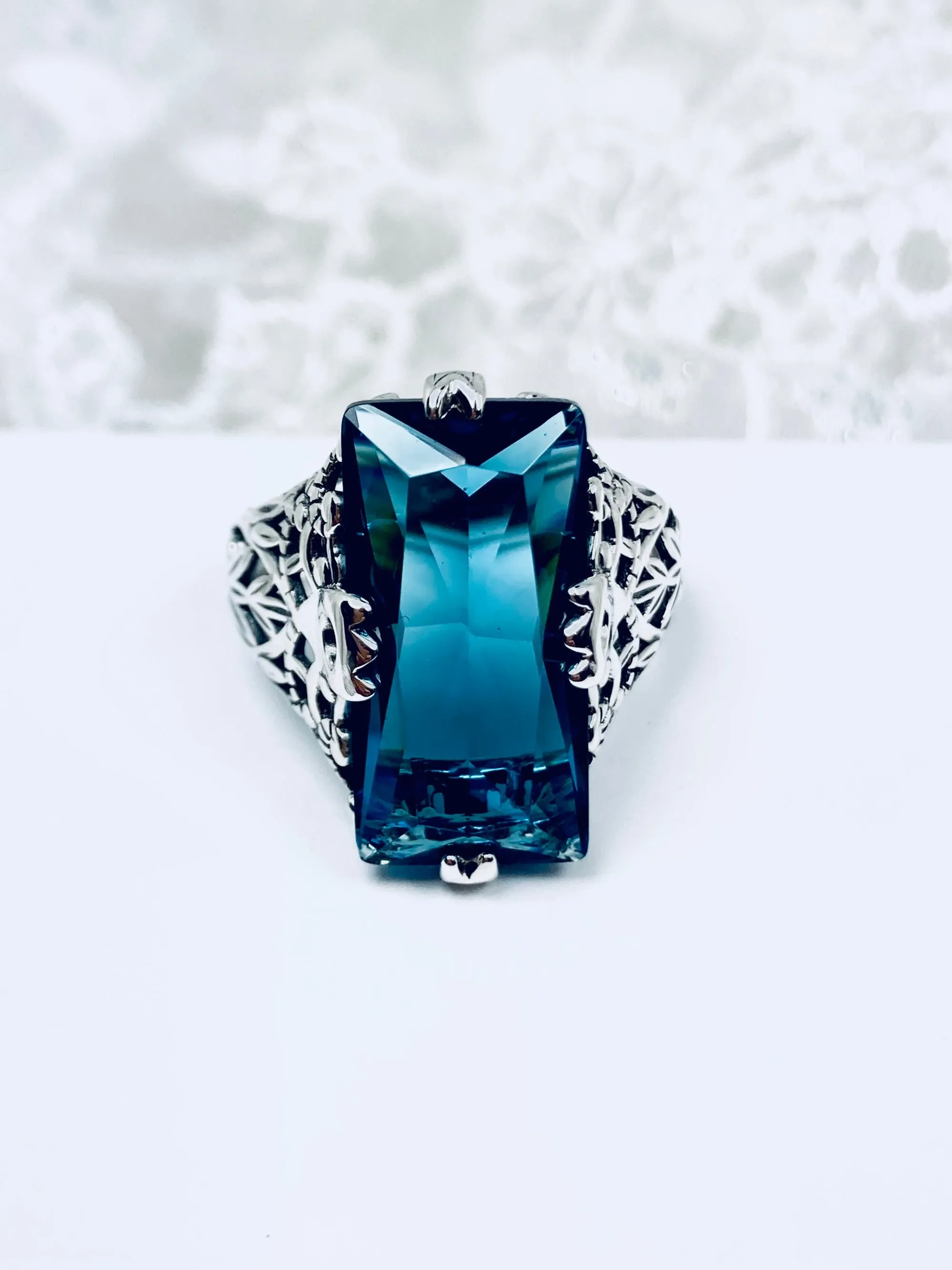 London Blue Topaz Ring, Baguette Intaglio design, Victorian Jewelry #D31