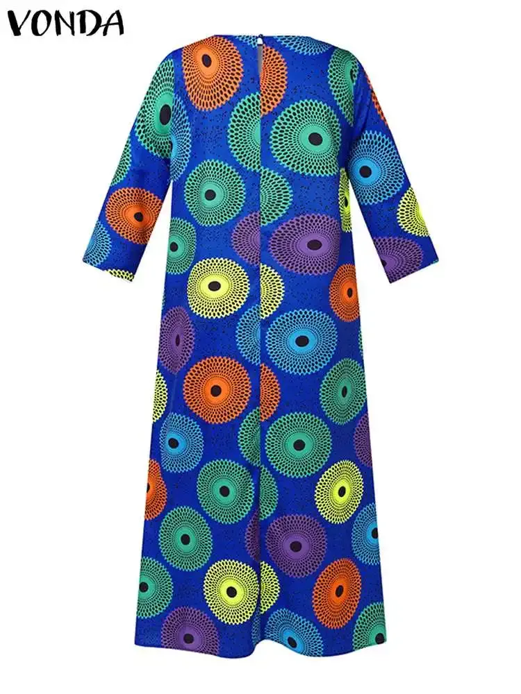 Long Dress Women Fashion Autumn Bohemian Vintage Printed Maxi Sundress Casual Loose 3/4 Sleeve Party Robe
