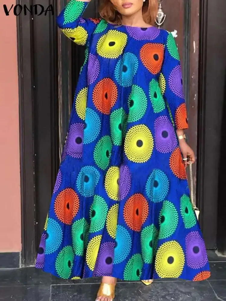 Long Dress Women Fashion Autumn Bohemian Vintage Printed Maxi Sundress Casual Loose 3/4 Sleeve Party Robe