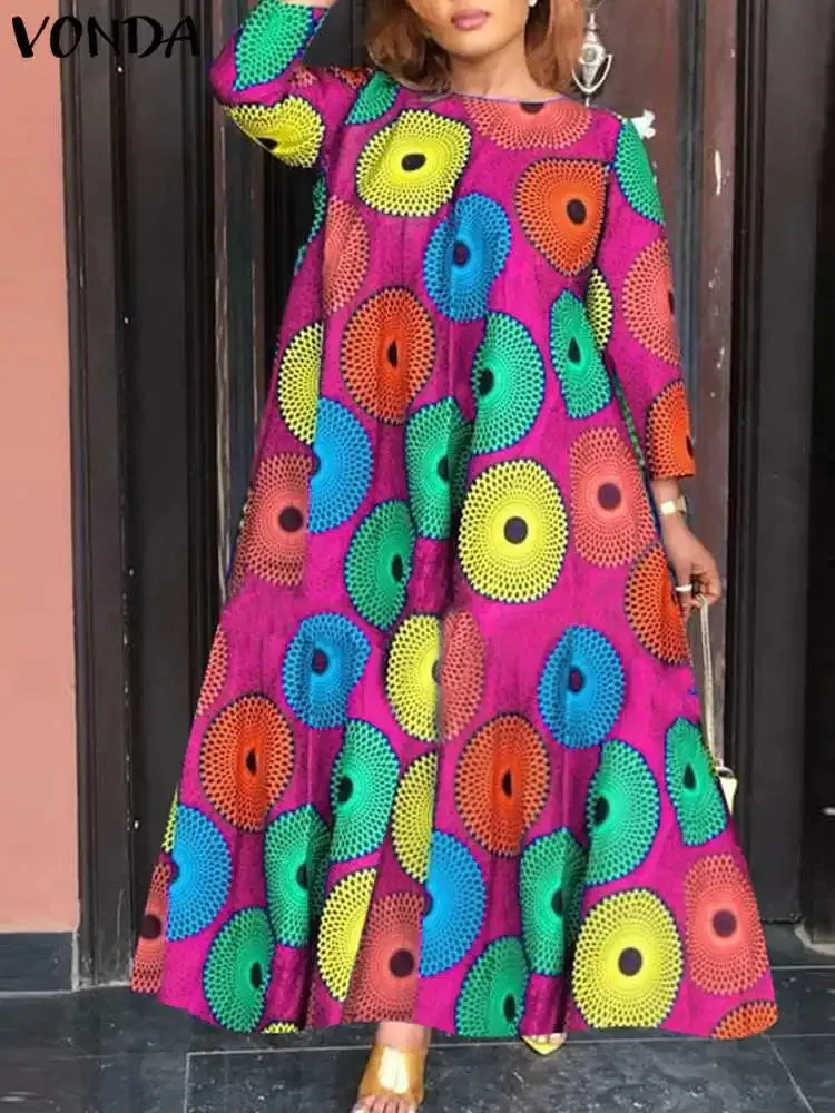 Long Dress Women Fashion Autumn Bohemian Vintage Printed Maxi Sundress Casual Loose 3/4 Sleeve Party Robe