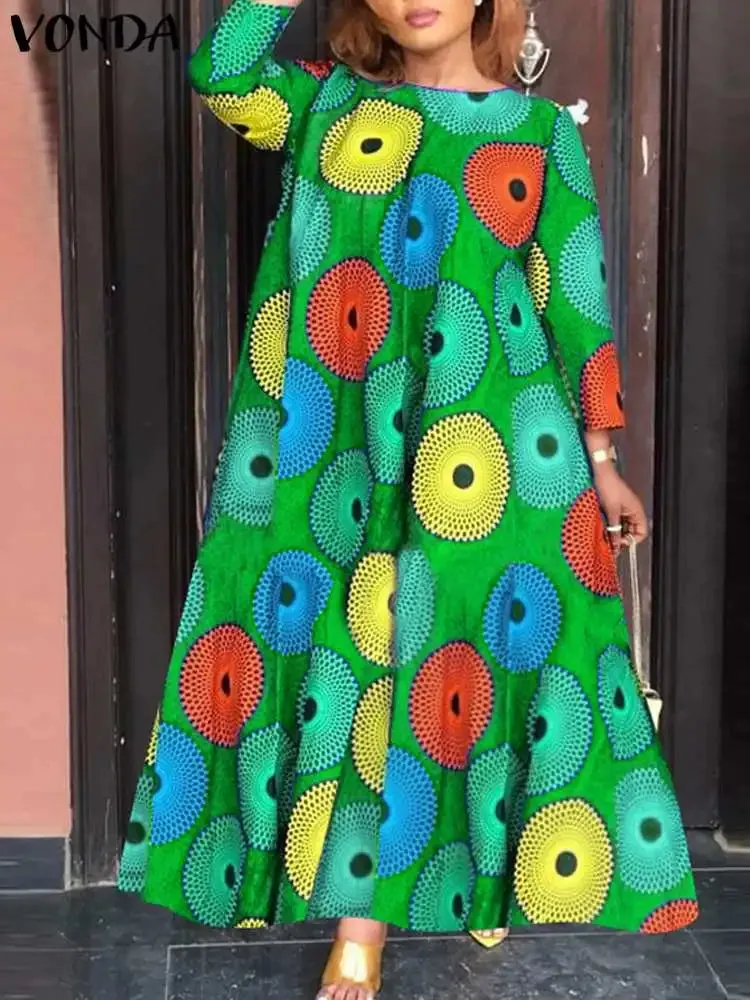 Long Dress Women Fashion Autumn Bohemian Vintage Printed Maxi Sundress Casual Loose 3/4 Sleeve Party Robe